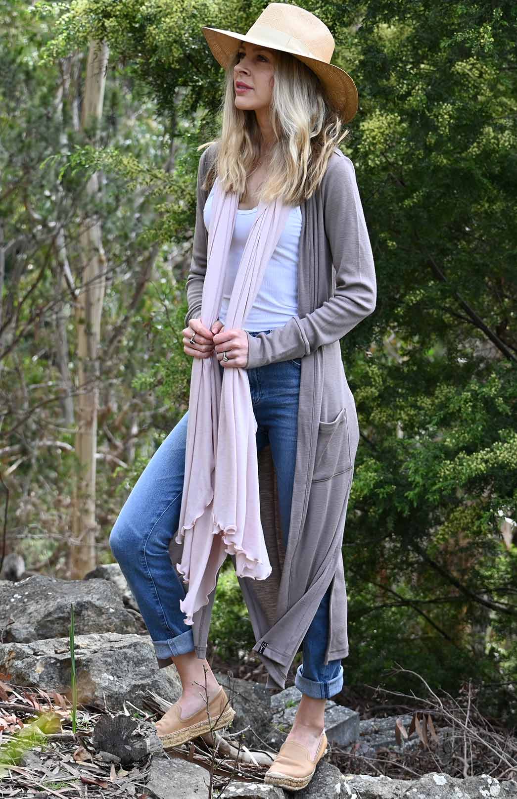 Soft Mocha Women's Slimline Long Cardigan with side pockets