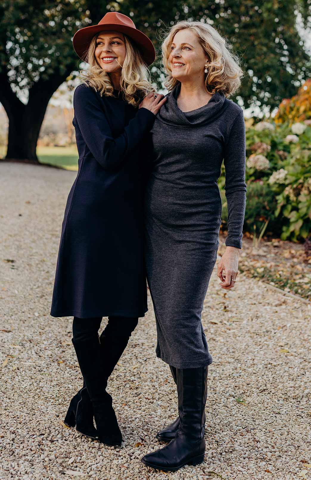 French Navy Blue Women's Merino Wool Straight Dress with Long Sleeves