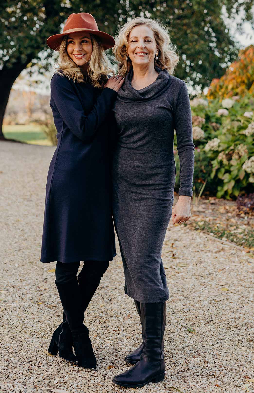 French Navy Blue Women's Merino Wool Straight Dress with Long Sleeves