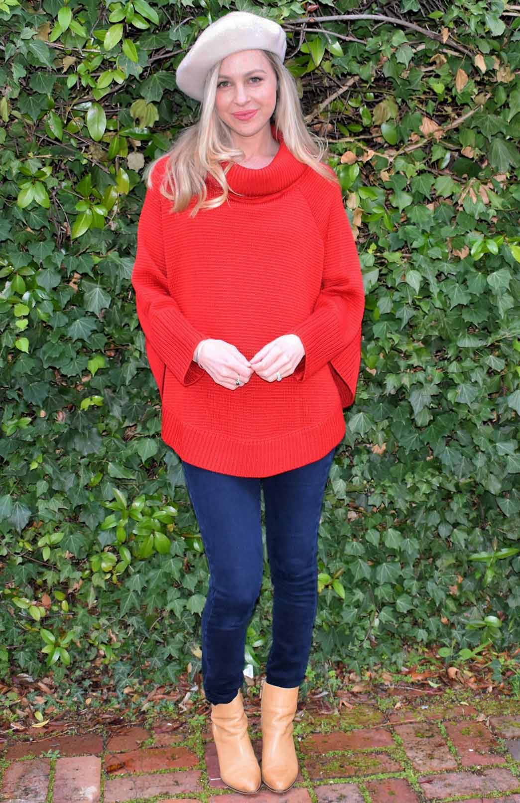 Red Women's Merino Wool Chunky Knit Poncho with Sleeves
