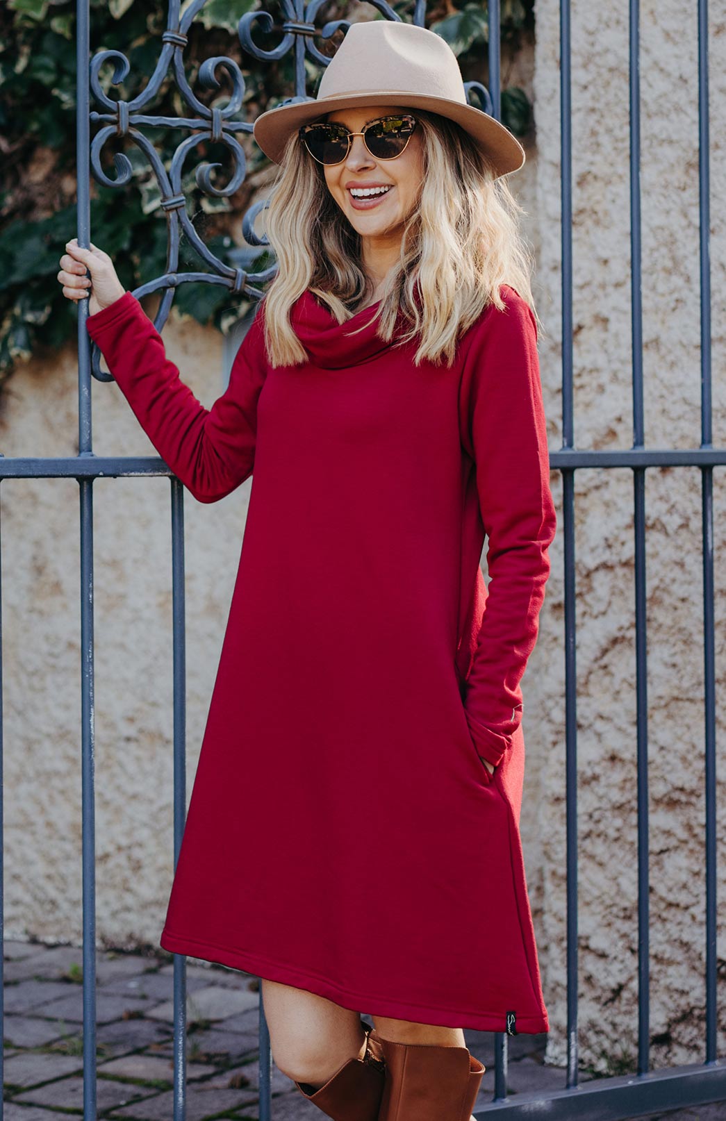 Cowl Neck Swing Dress - Fleece Women's Merino Wool Cowl Neck Fleece Swing Dress with Pockets
