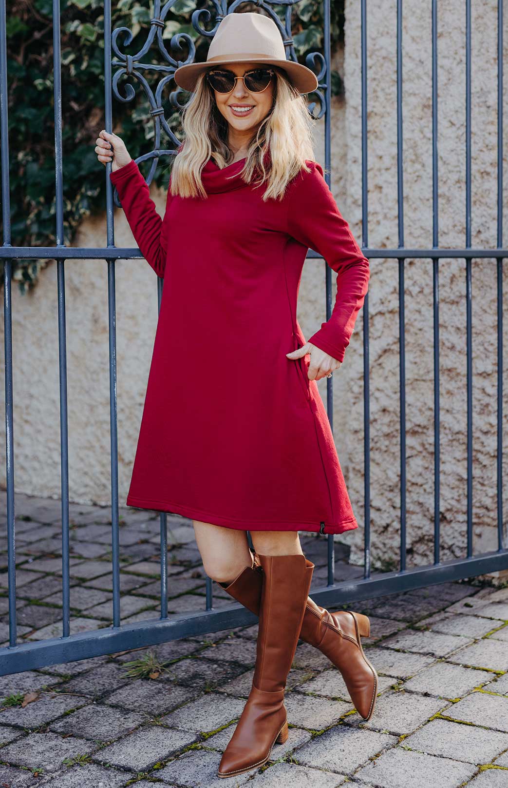 Chilli Red Women's Merino Wool Cowl Neck Fleece Swing Dress with Pockets