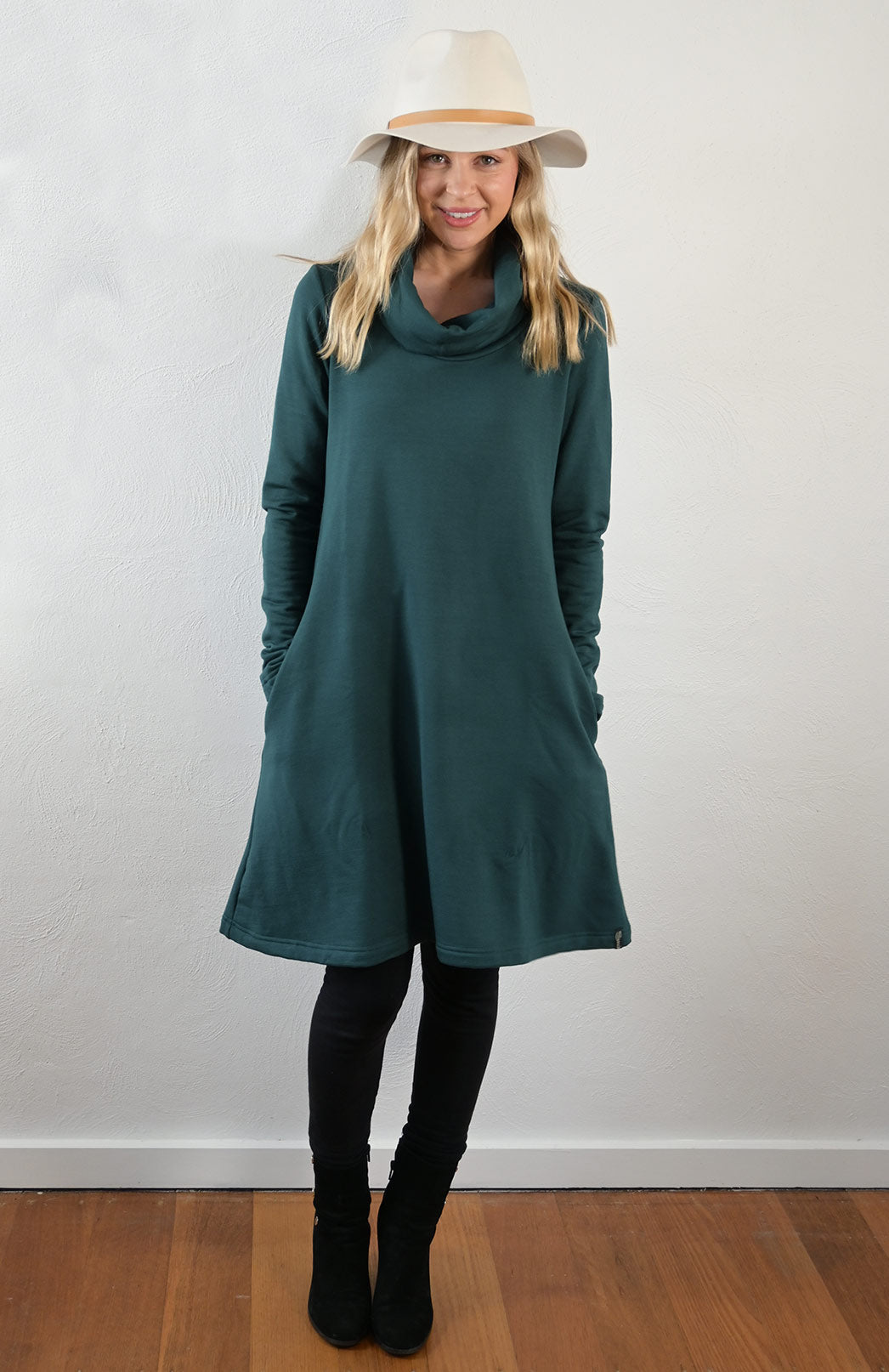 Deep Sea Green Women's Merino Wool Cowl Neck Fleece Swing Dress with Pockets