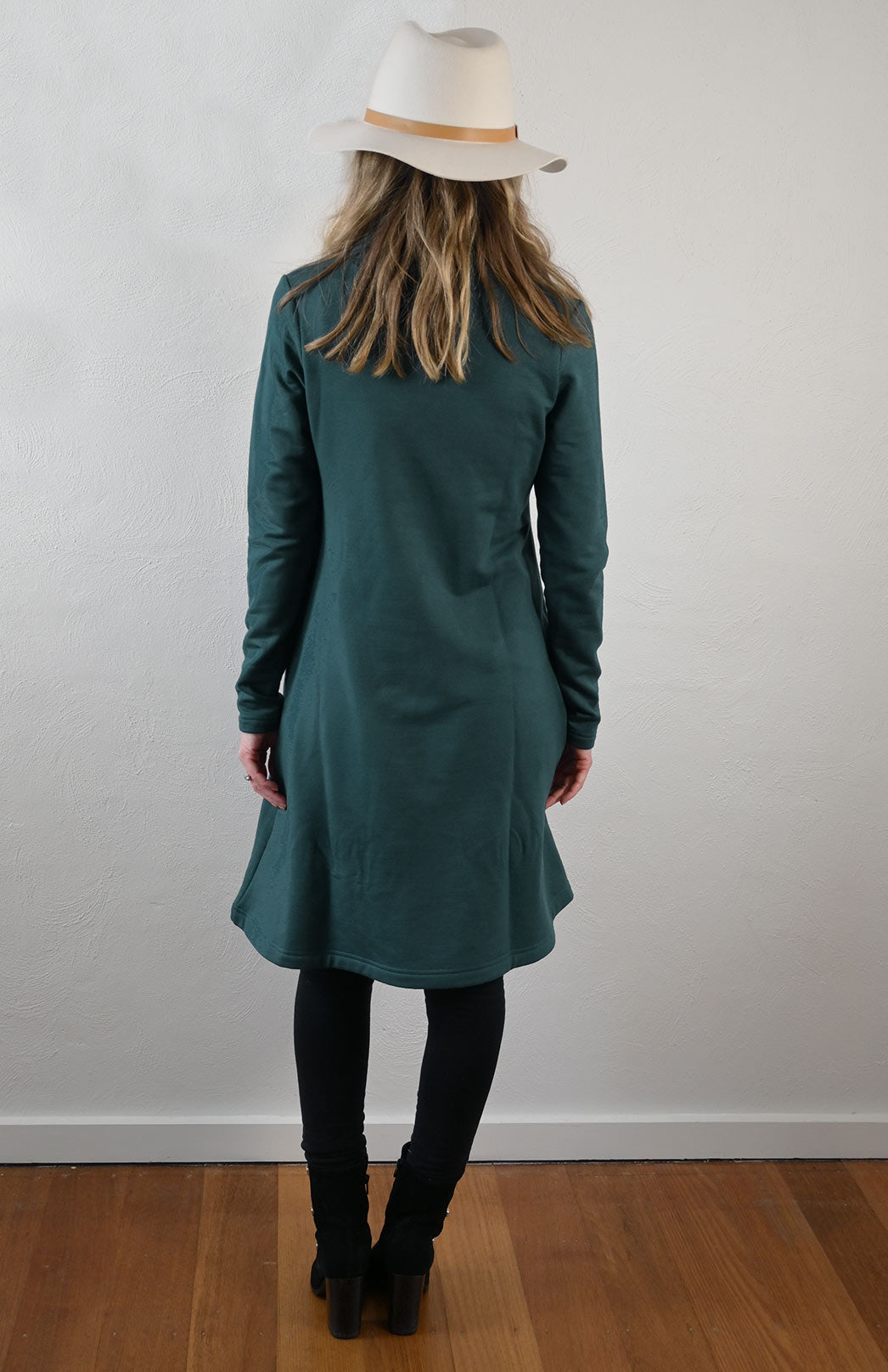Deep Sea Green Women's Merino Wool Cowl Neck Fleece Swing Dress with Pockets