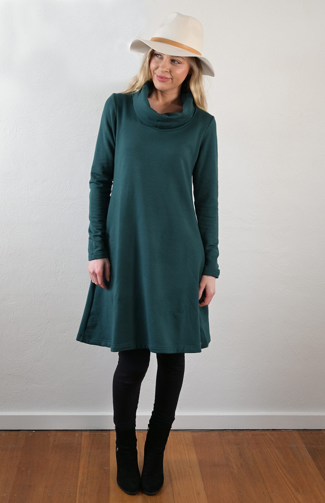 Deep Sea Green Women's Merino Wool Cowl Neck Fleece Swing Dress with Pockets