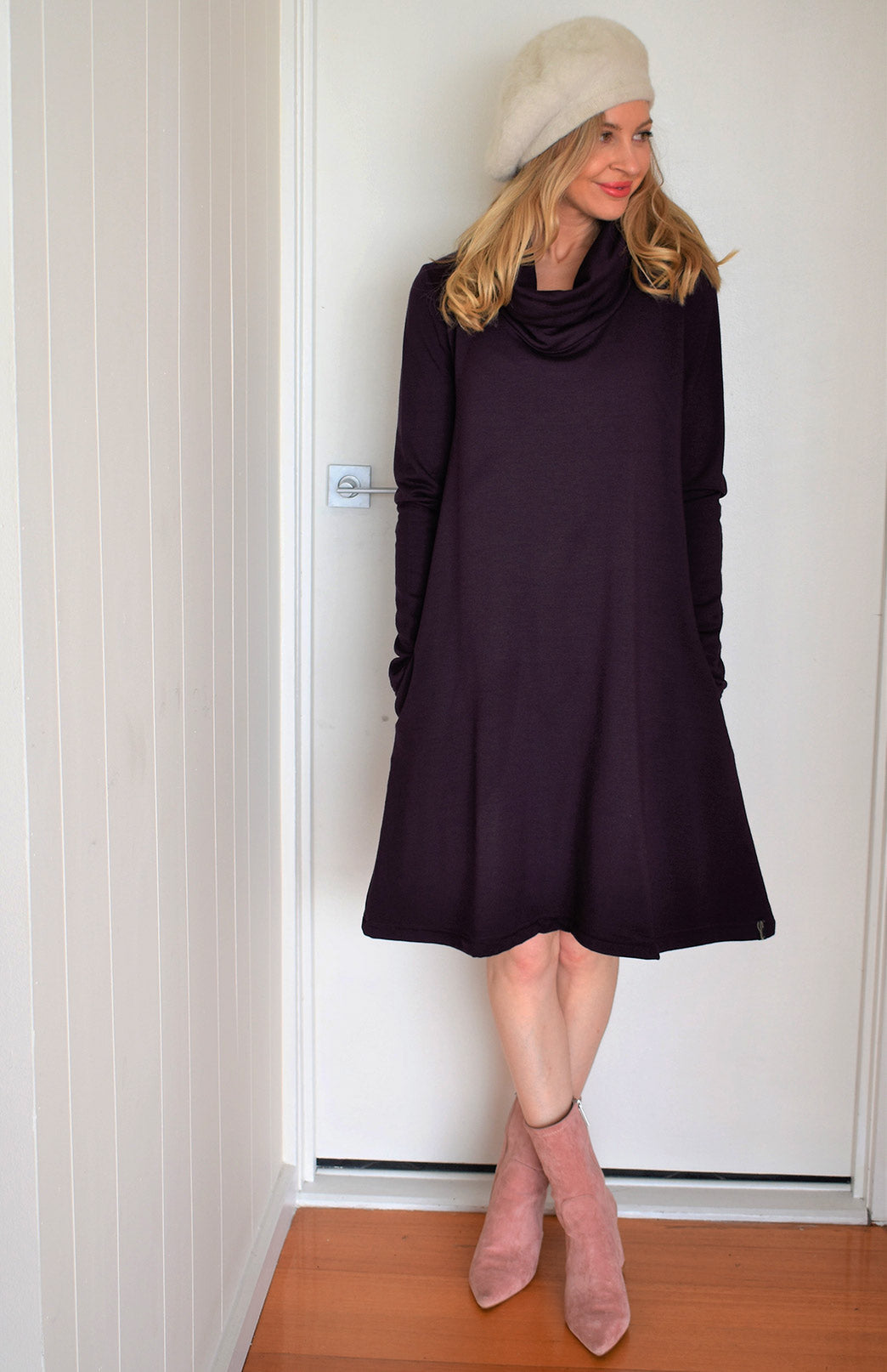 Plum Purple Women's Merino Wool Cowl Neck Fleece Swing Dress with Pockets