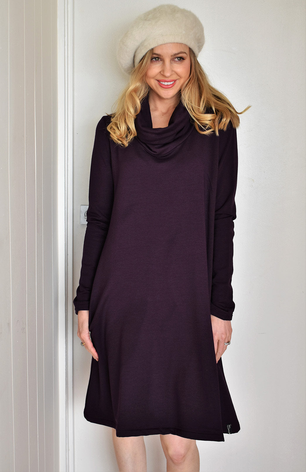 Plum Purple Women's Merino Wool Cowl Neck Fleece Swing Dress with Pockets