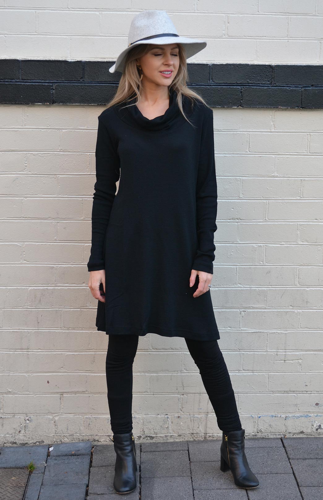 Black Women&#39;s Merino Wool Blend Cowl Neck Fleece Swing Dress with Pockets

