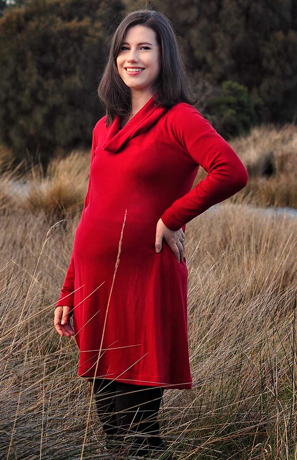 Chilli Red Women's Merino Wool Cowl Neck Fleece Swing Dress with Pockets