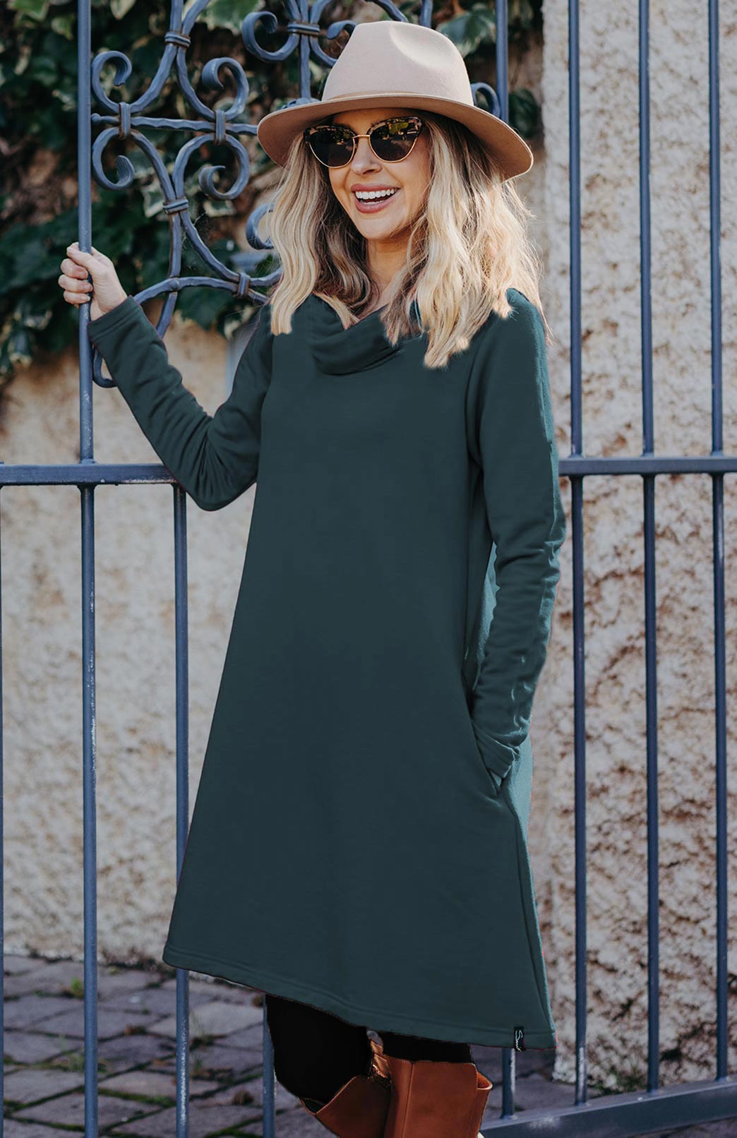 Deep Sea Green Women&#39;s Merino Wool Blend Cowl Neck Fleece Swing Dress with Pockets
