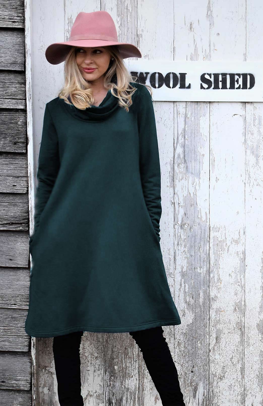 Deep Sea Green Women's Merino Wool Cowl Neck Fleece Swing Dress with Pockets