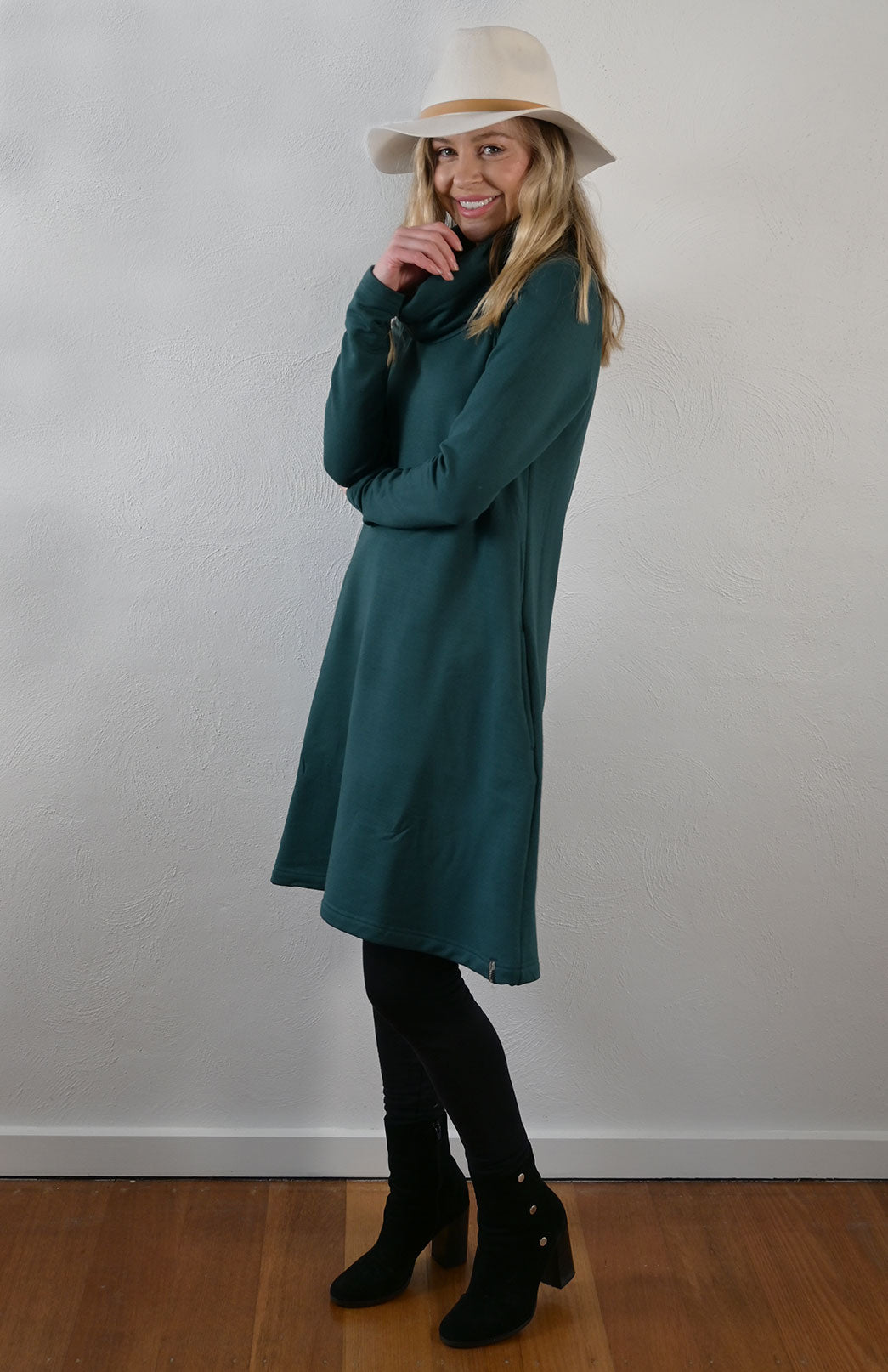 Deep Sea Green Women's Merino Wool Cowl Neck Fleece Swing Dress with Pockets