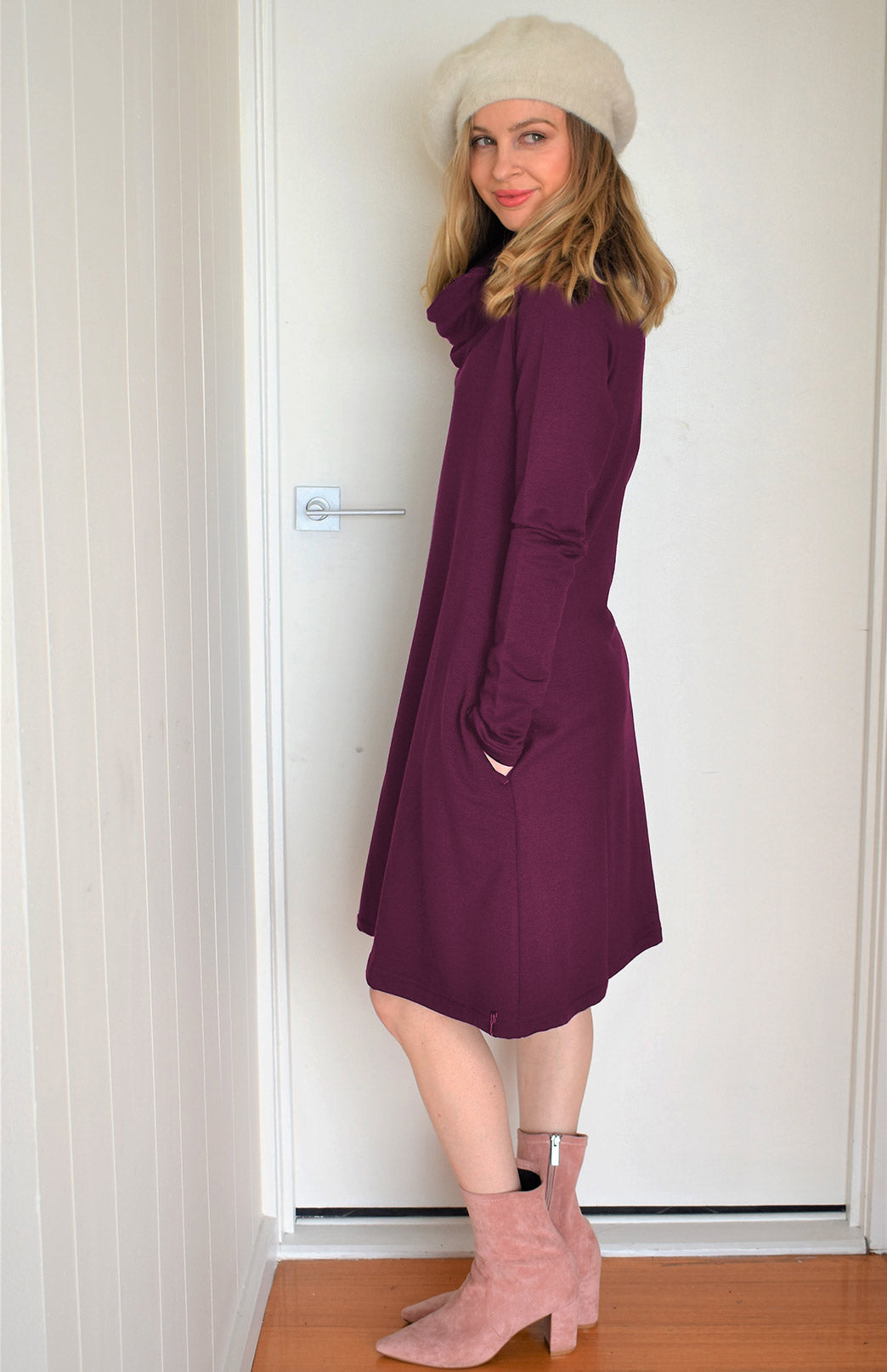 Magenta Women's Merino Wool Cowl Neck Fleece Swing Dress with Pockets
