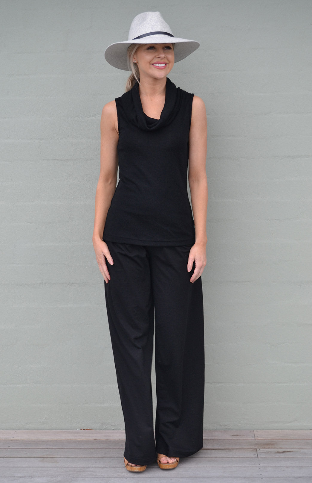 Black Women&#39;s Merino Wool Sleeveless Top with Cowl Neckline
