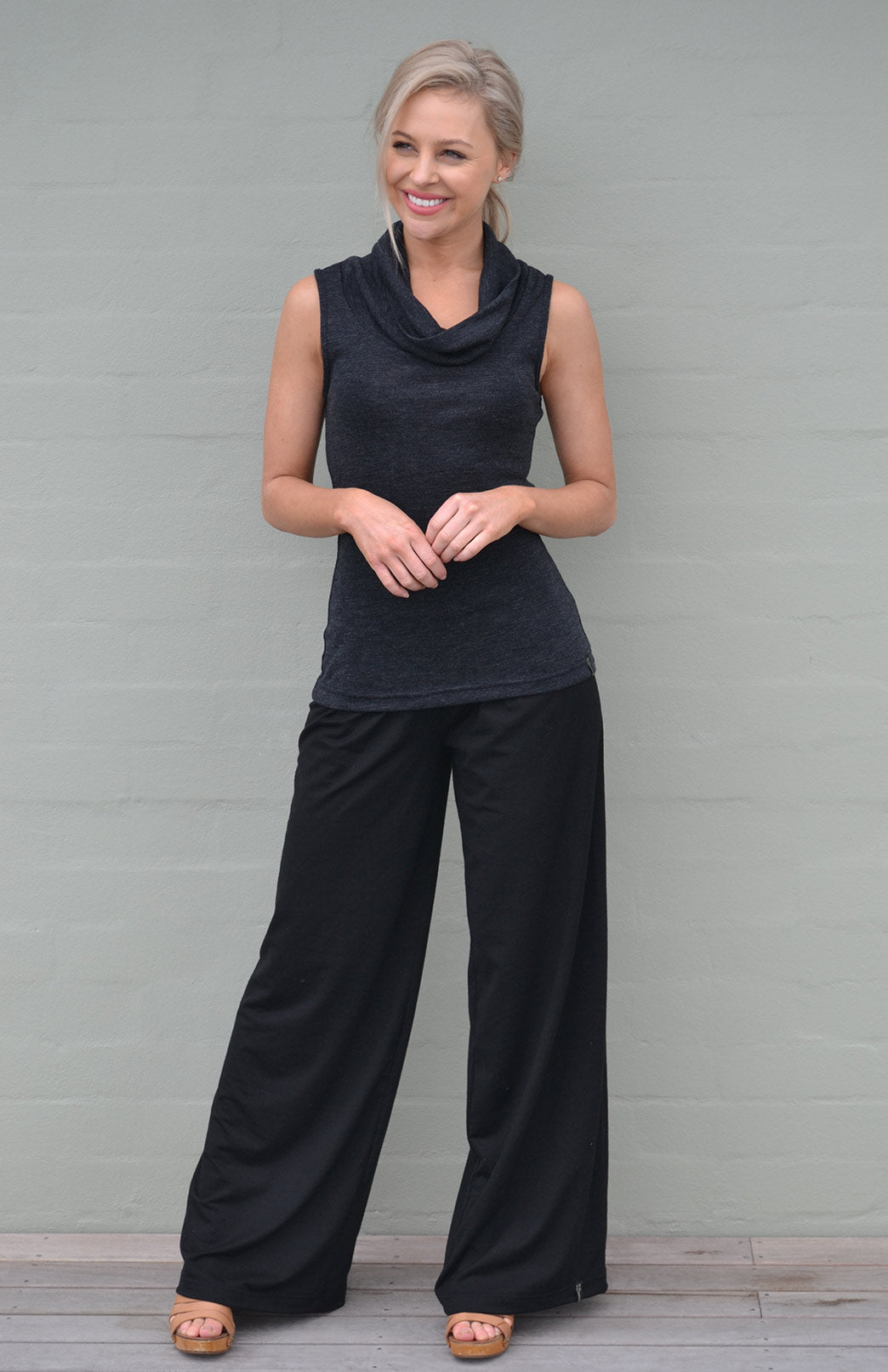 Black Women&#39;s Merino Wool Sleeveless Top with Cowl Neckline
