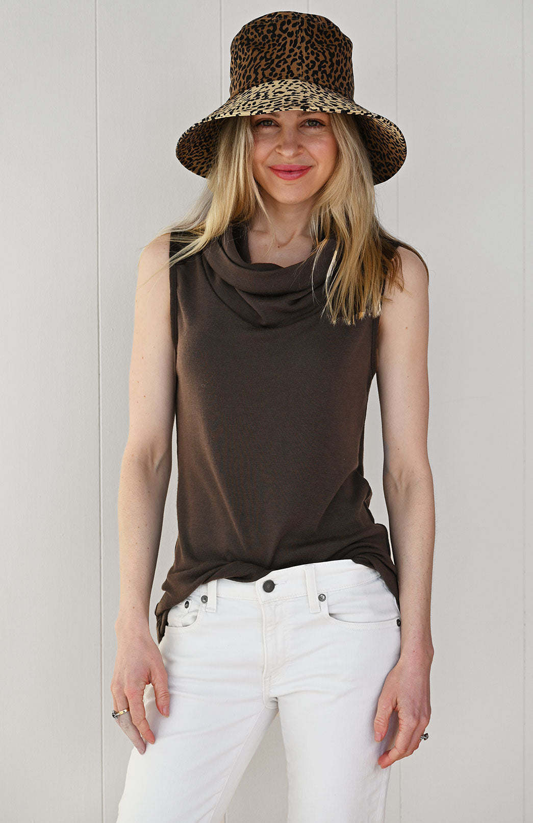 Chocolate Women's Merino Wool Sleeveless Top with Cowl Neckline