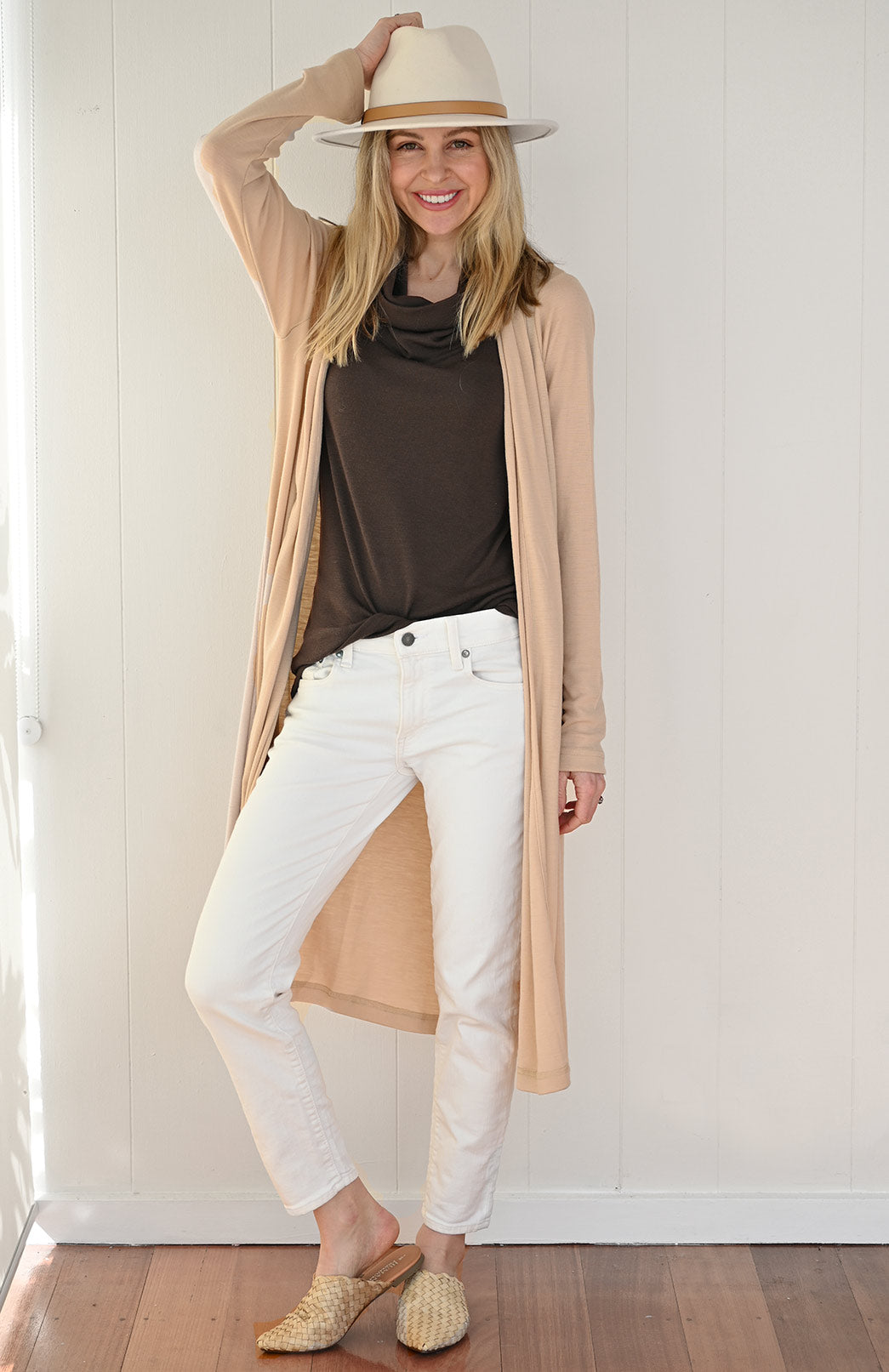 Chocolate Women's Merino Wool Sleeveless Top with Cowl Neckline