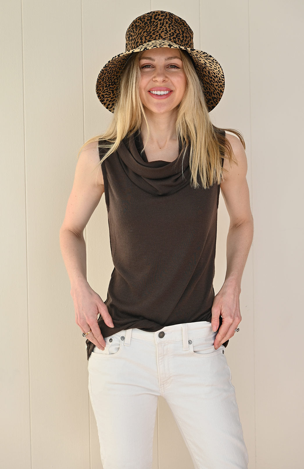 Chocolate Women's Merino Wool Sleeveless Top with Cowl Neckline