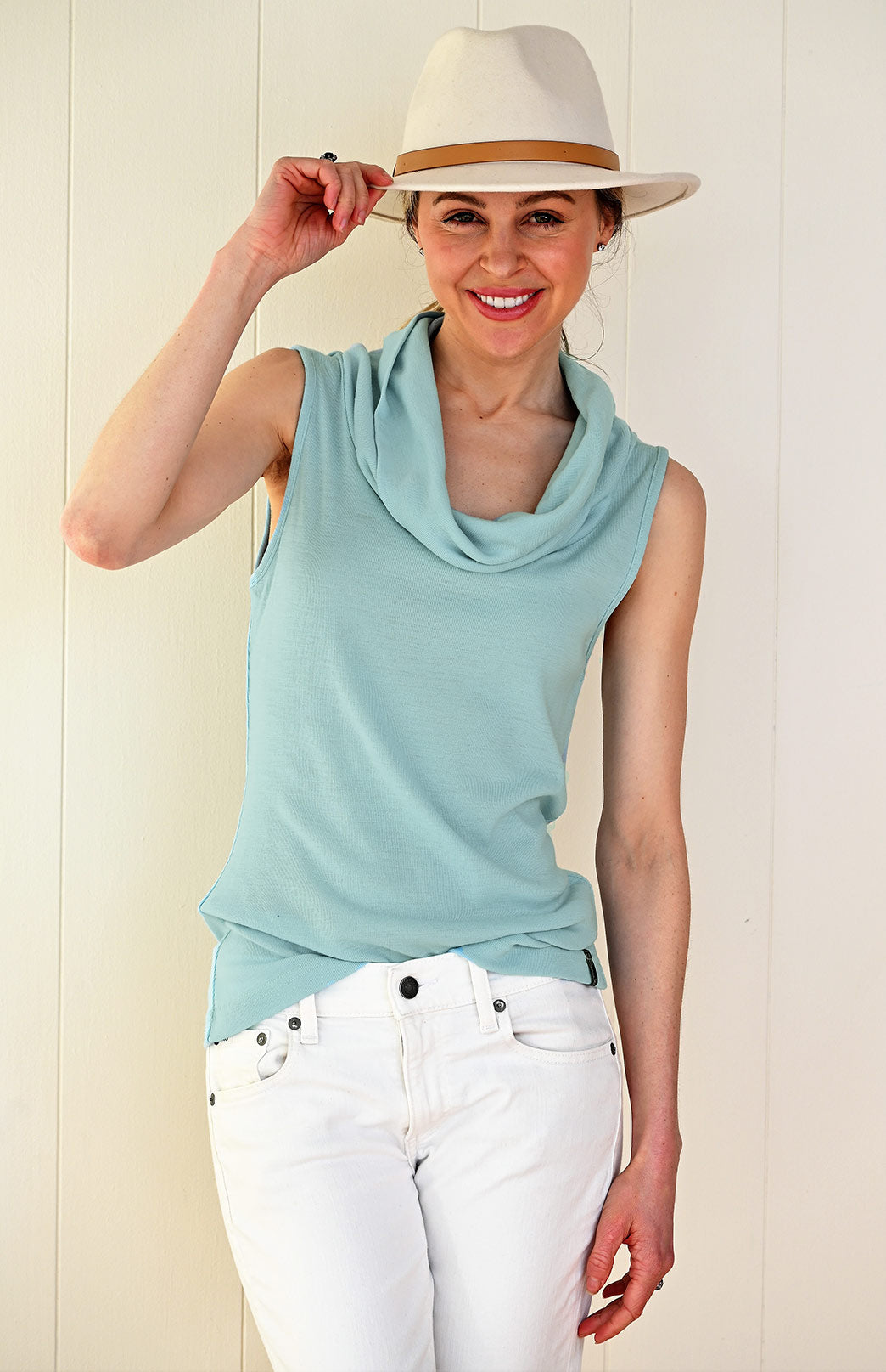 Sea Mist Women's Merino Wool Sleeveless Top with Cowl Neckline