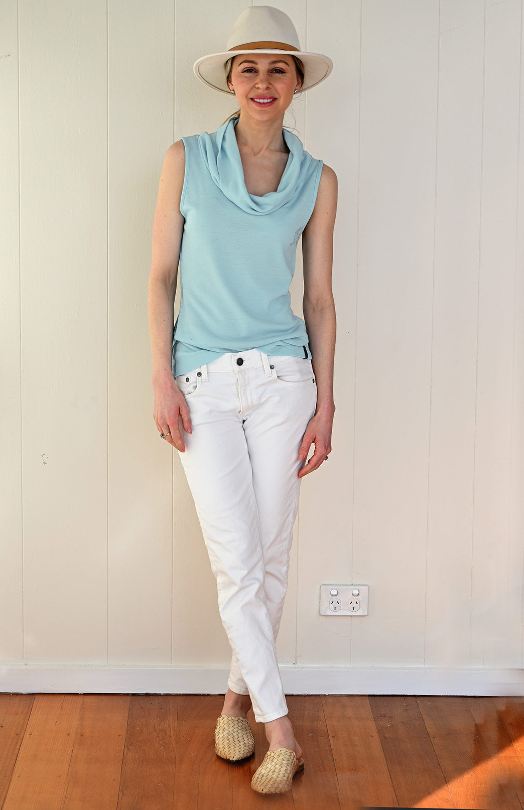 Sea Mist Women's Merino Wool Sleeveless Top with Cowl Neckline