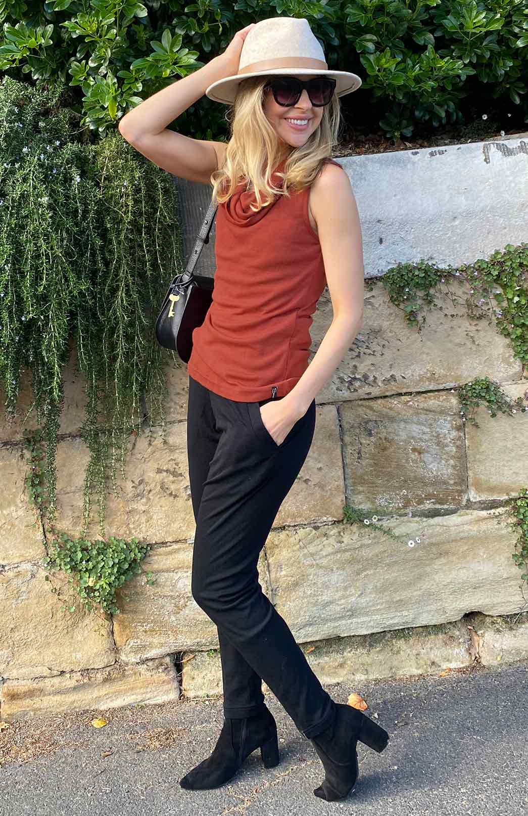 Shiraz Red Women's Merino Wool Sleeveless Top with Cowl Neckline