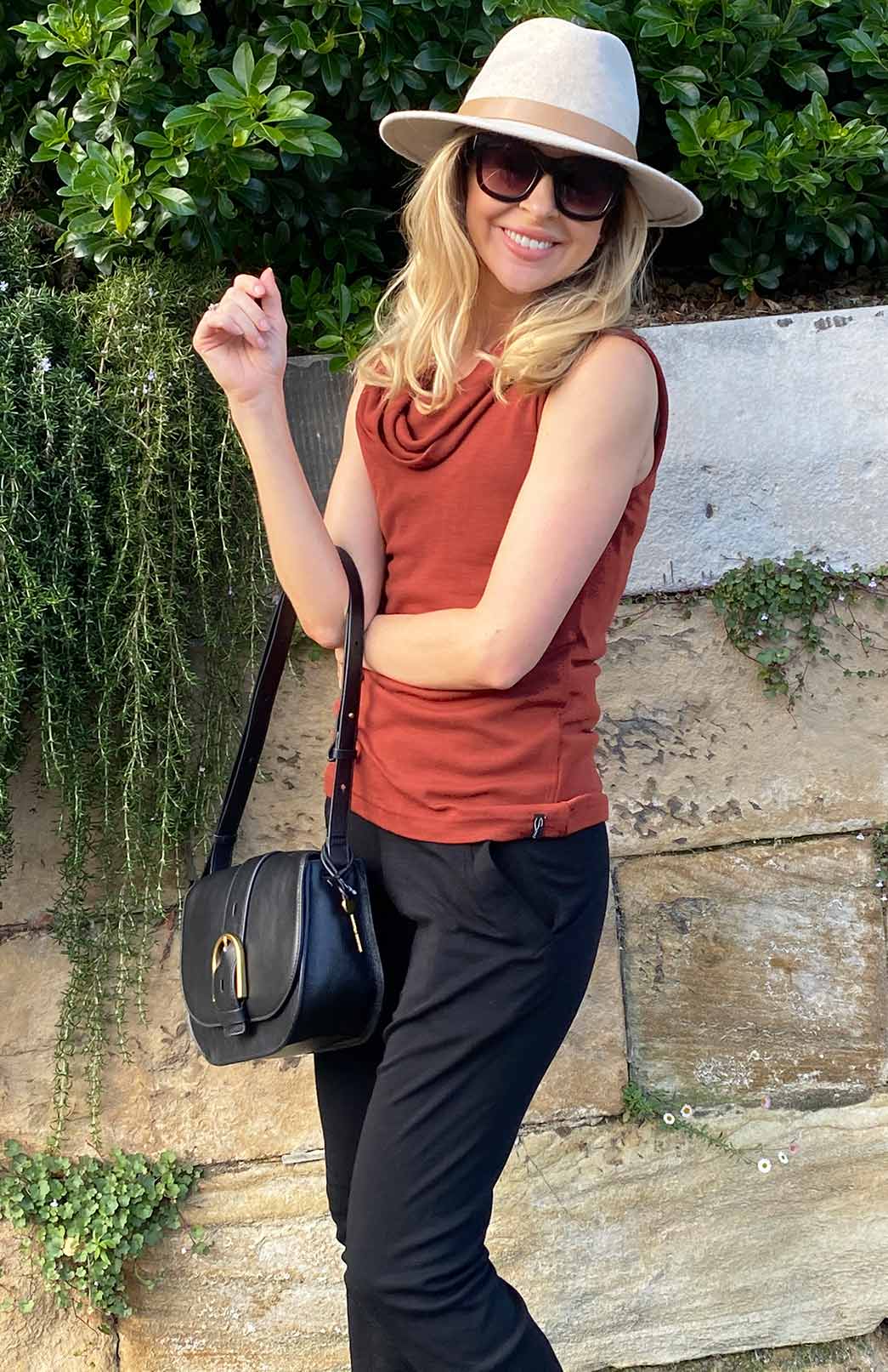 Shiraz Red Women's Merino Wool Sleeveless Top with Cowl Neckline