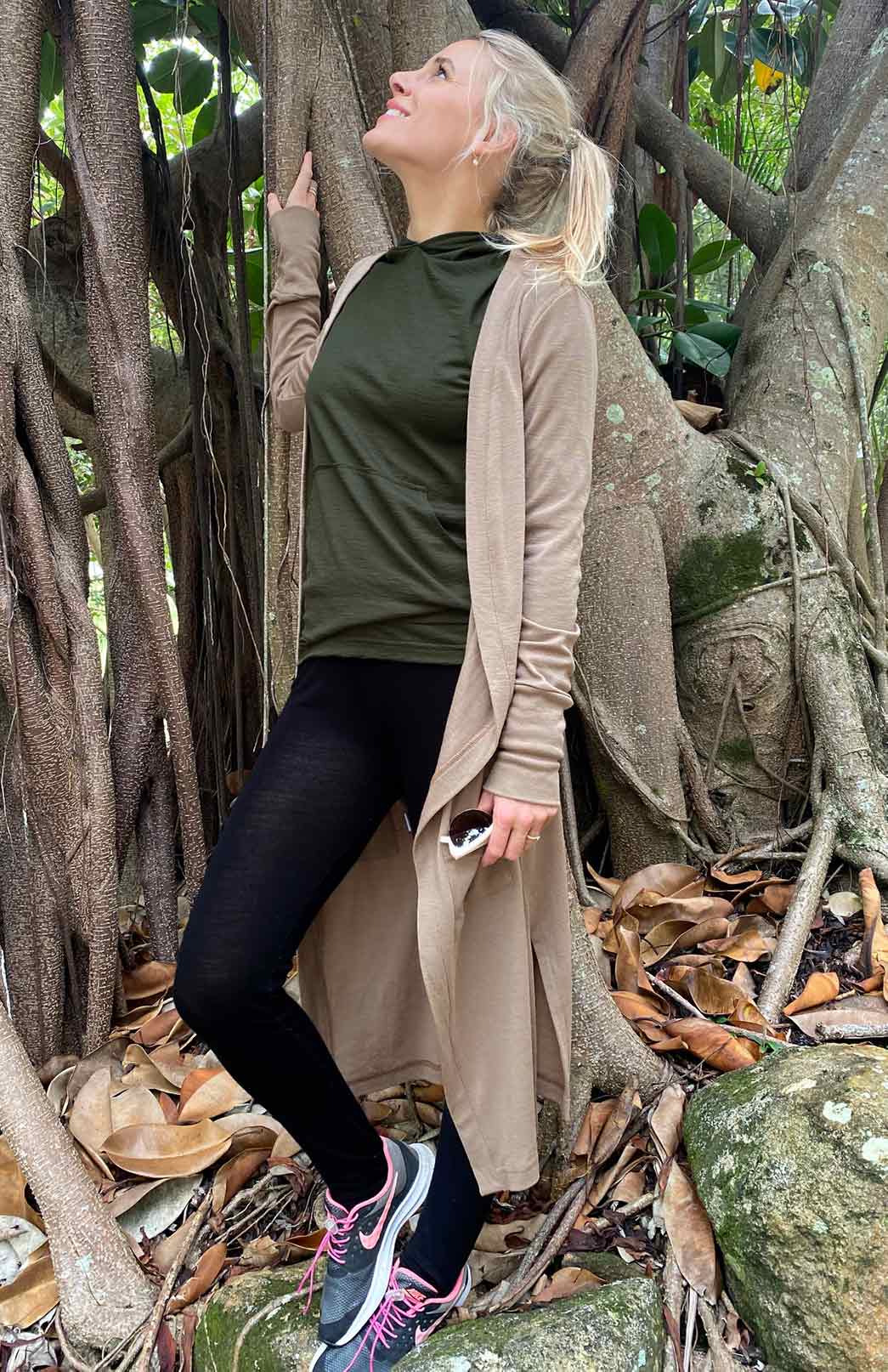 Kale Green Women's Merino Wool Long Sleeve Crew Neck Top with Hood and D Pocket