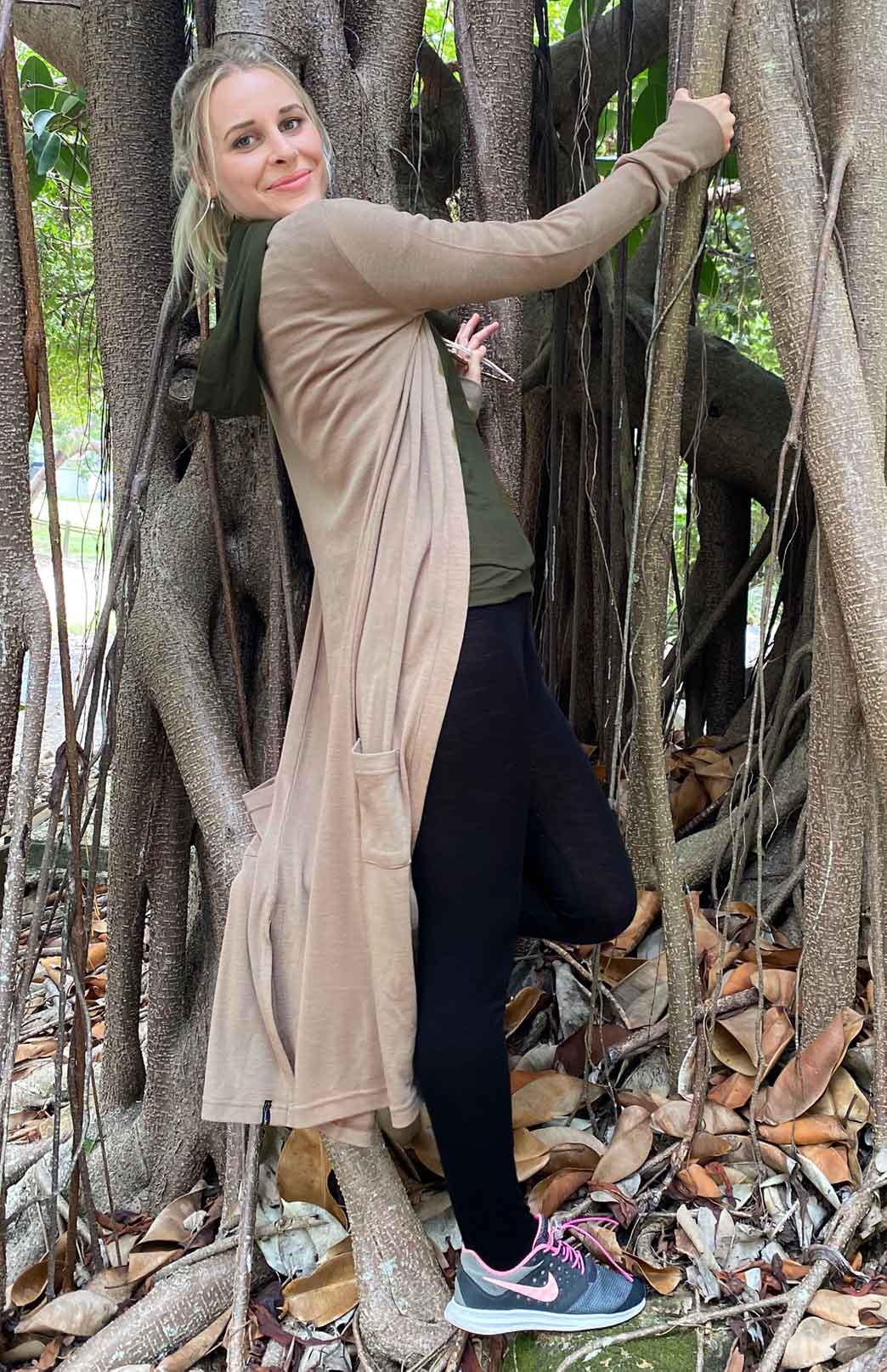 Caramel Women's Slimline Long Cardigan with side pockets