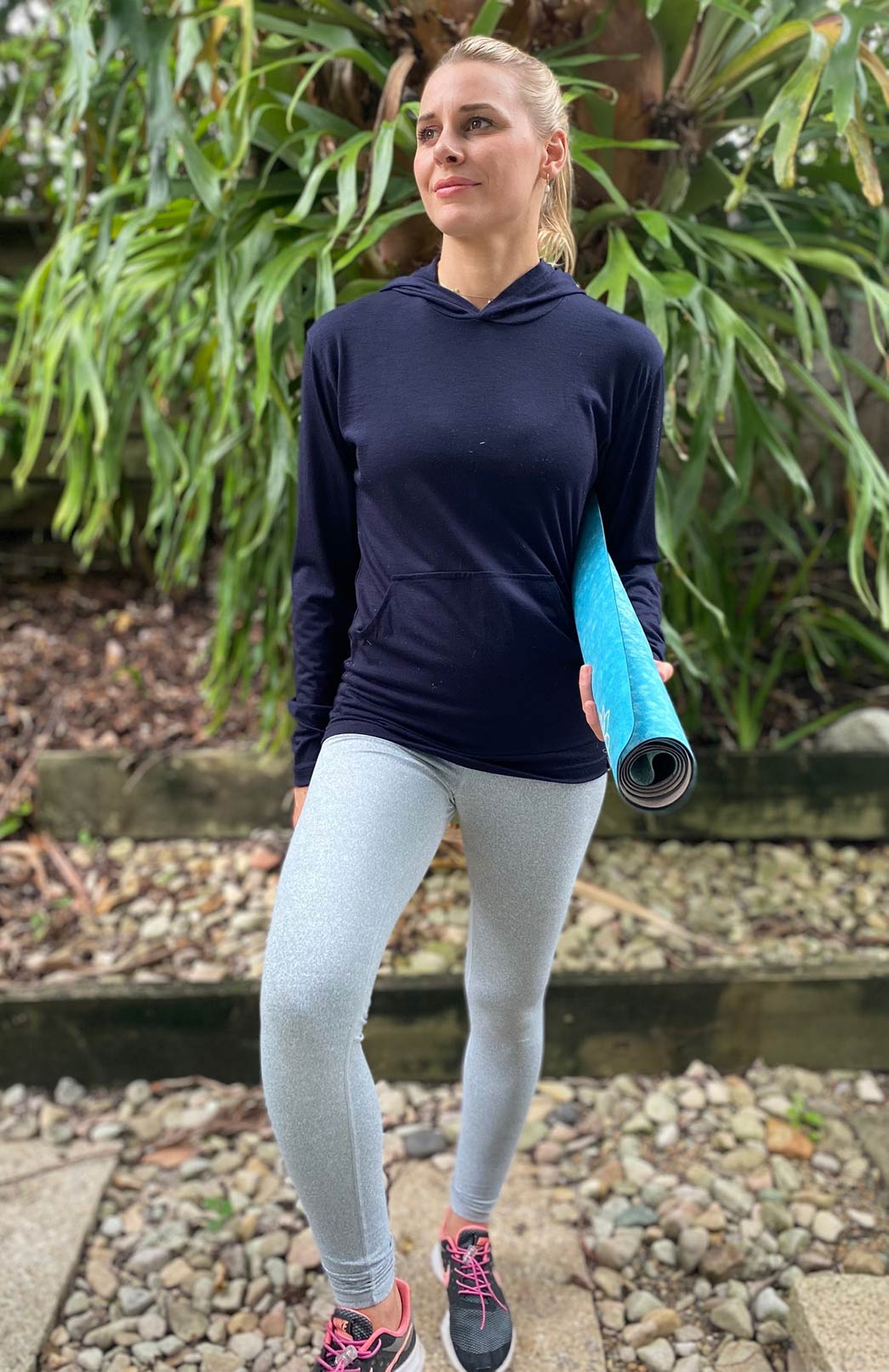 Navy Blue Women's Merino Wool Long Sleeve Crew Neck Top with Hood and D Pocket