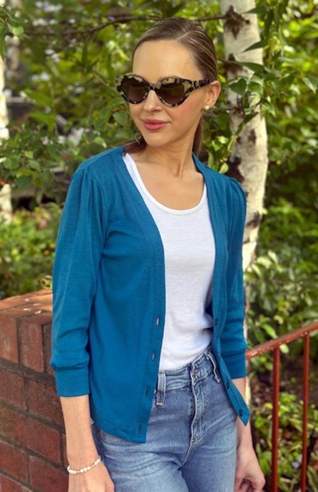 Dragonfly Teal Women's Merino Wool Crop Cardigan with 3/4 Sleeves