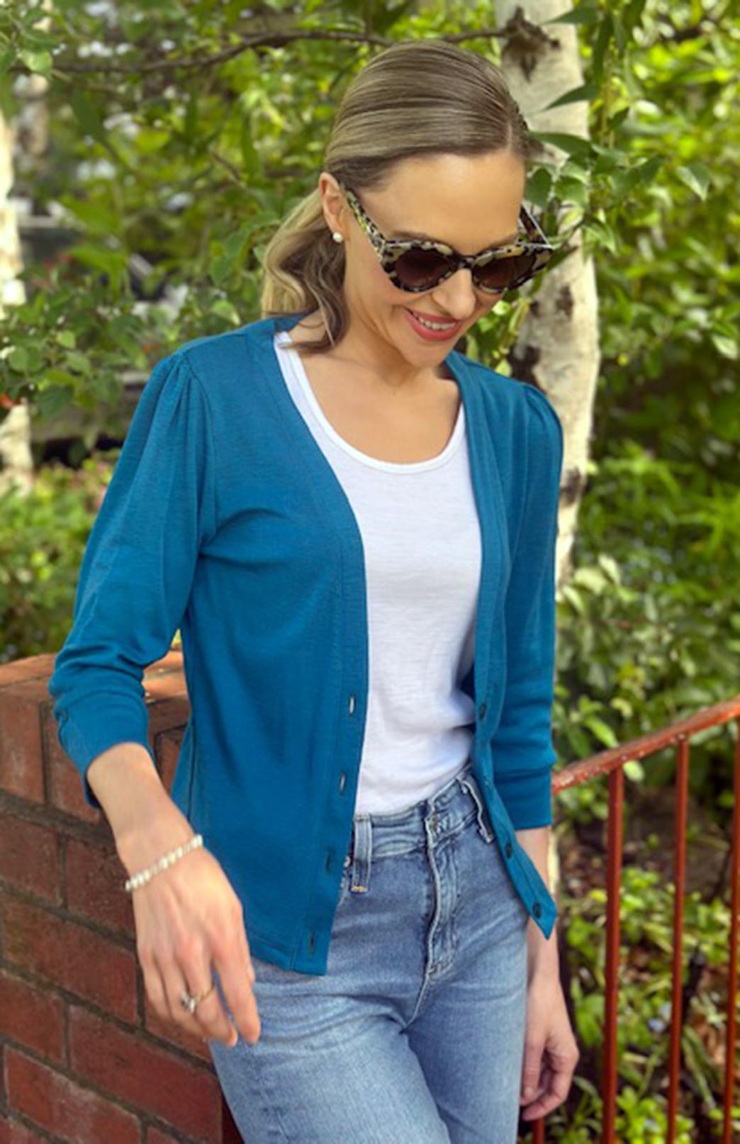 Dragonfly Teal Women's Merino Wool Crop Cardigan with 3/4 Sleeves