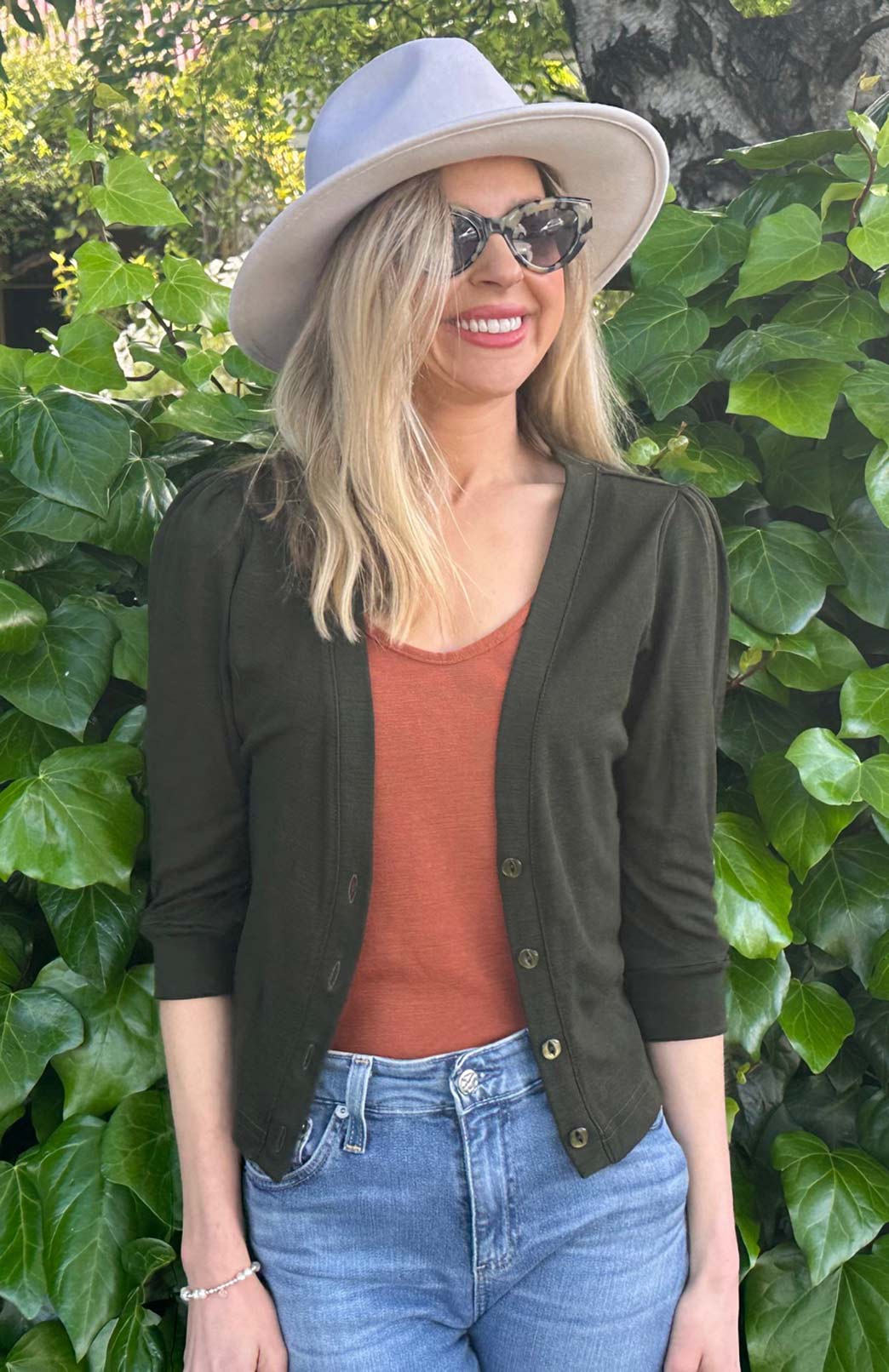 Kale Green Women's Merino Wool Crop Cardigan with 3/4 Sleeves