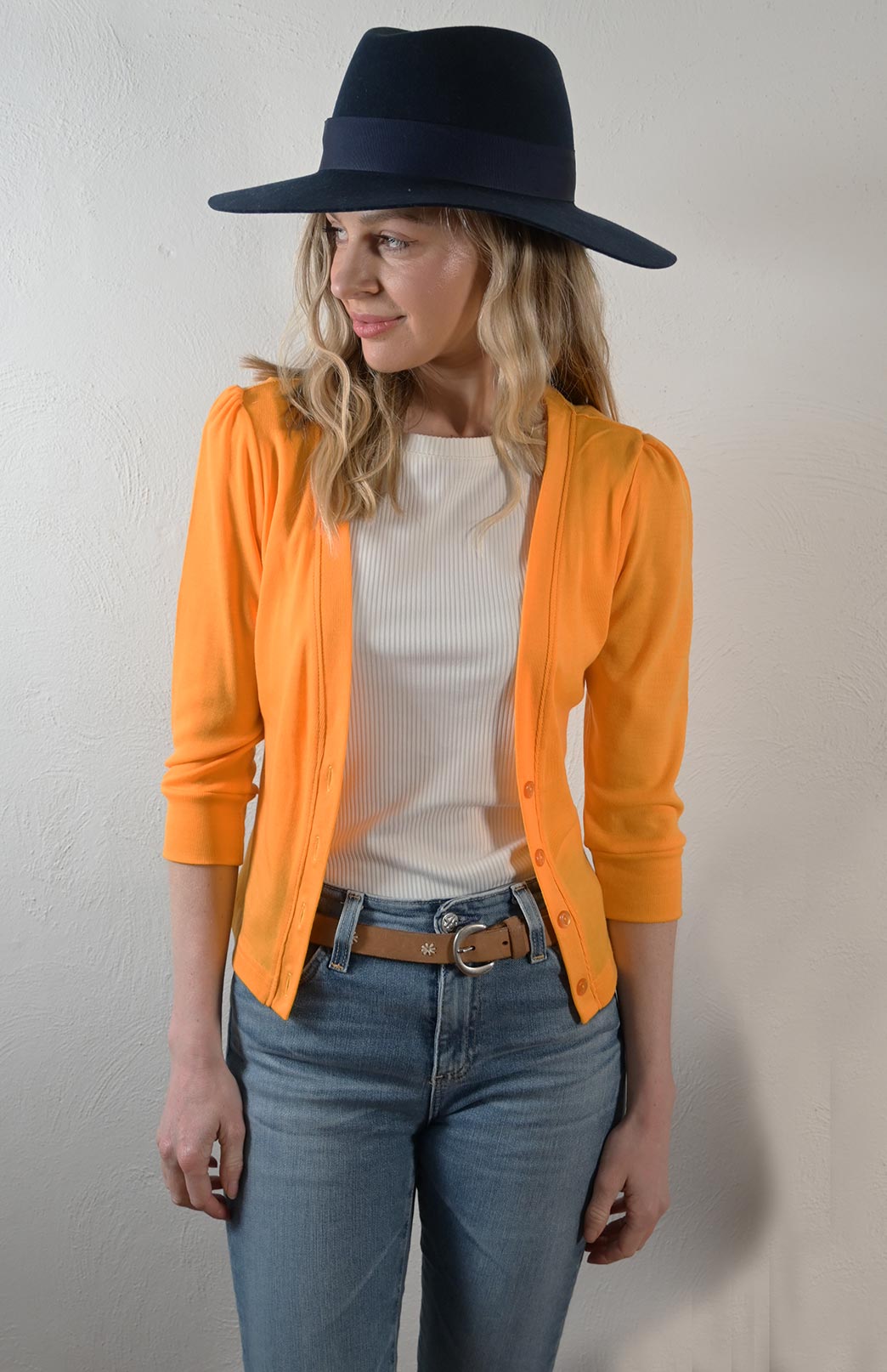 Marigold Yellow Women's Merino Wool Crop Cardigan with 3/4 Sleeves