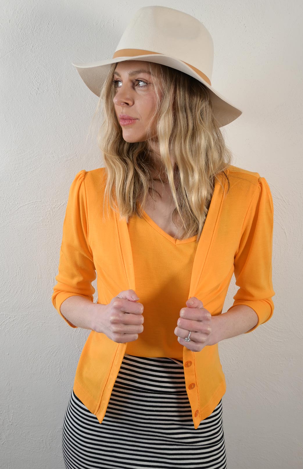 Marigold Yellow Women's Merino Wool Crop Cardigan with 3/4 Sleeves