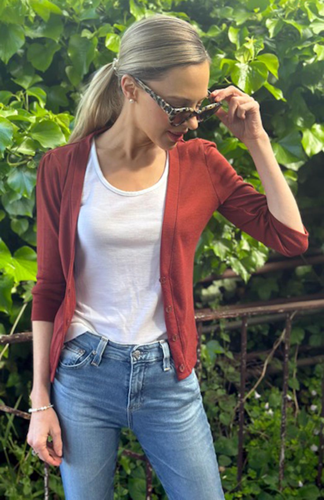 Shiraz Red Women's Merino Wool Crop Cardigan with 3/4 Sleeves
