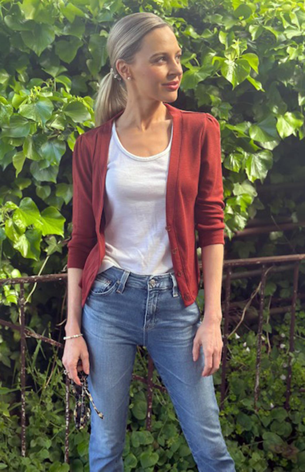 Shiraz Red Women's Merino Wool Crop Cardigan with 3/4 Sleeves