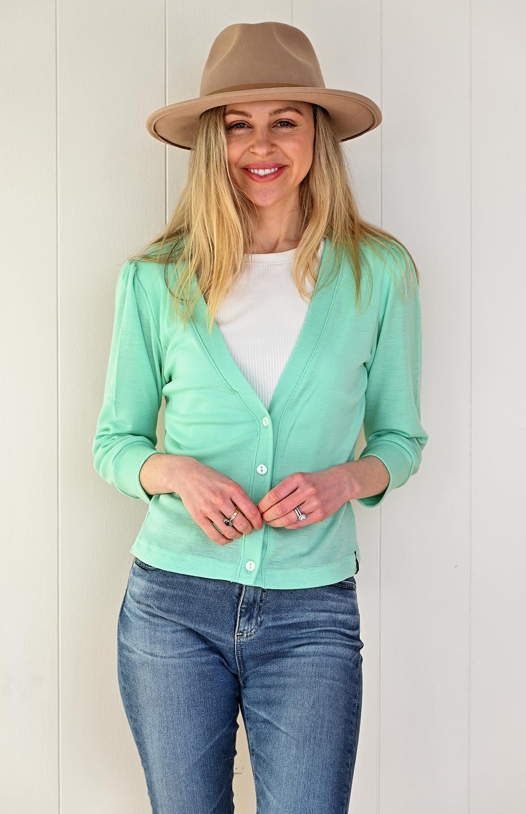 Spearmint Women's Merino Wool Crop Cardigan with 3/4 Sleeves