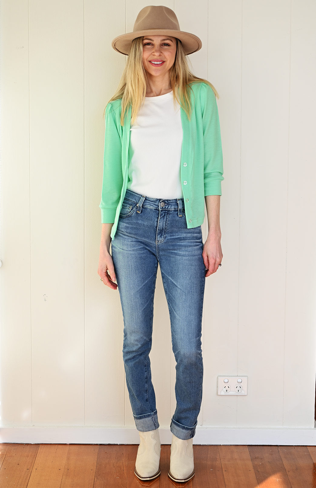 Spearmint Women's Merino Wool Crop Cardigan with 3/4 Sleeves