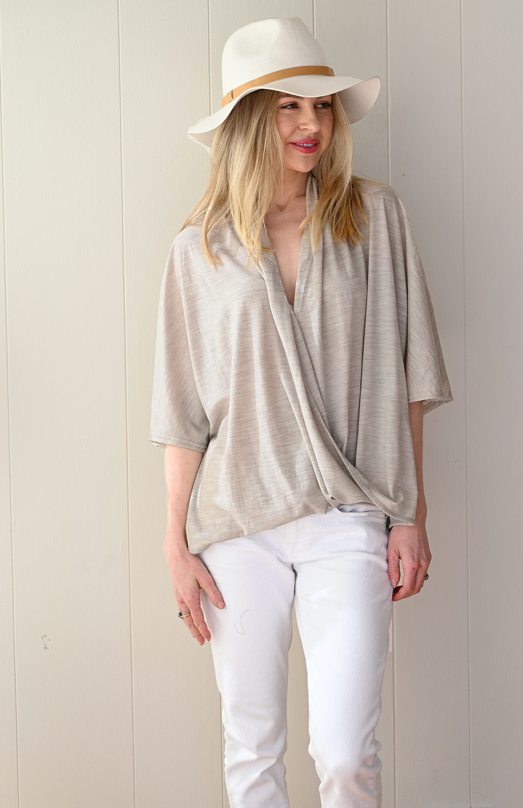 Oatmeal Marl Women's Merino Wool Loose Wrap Cross Over Poncho