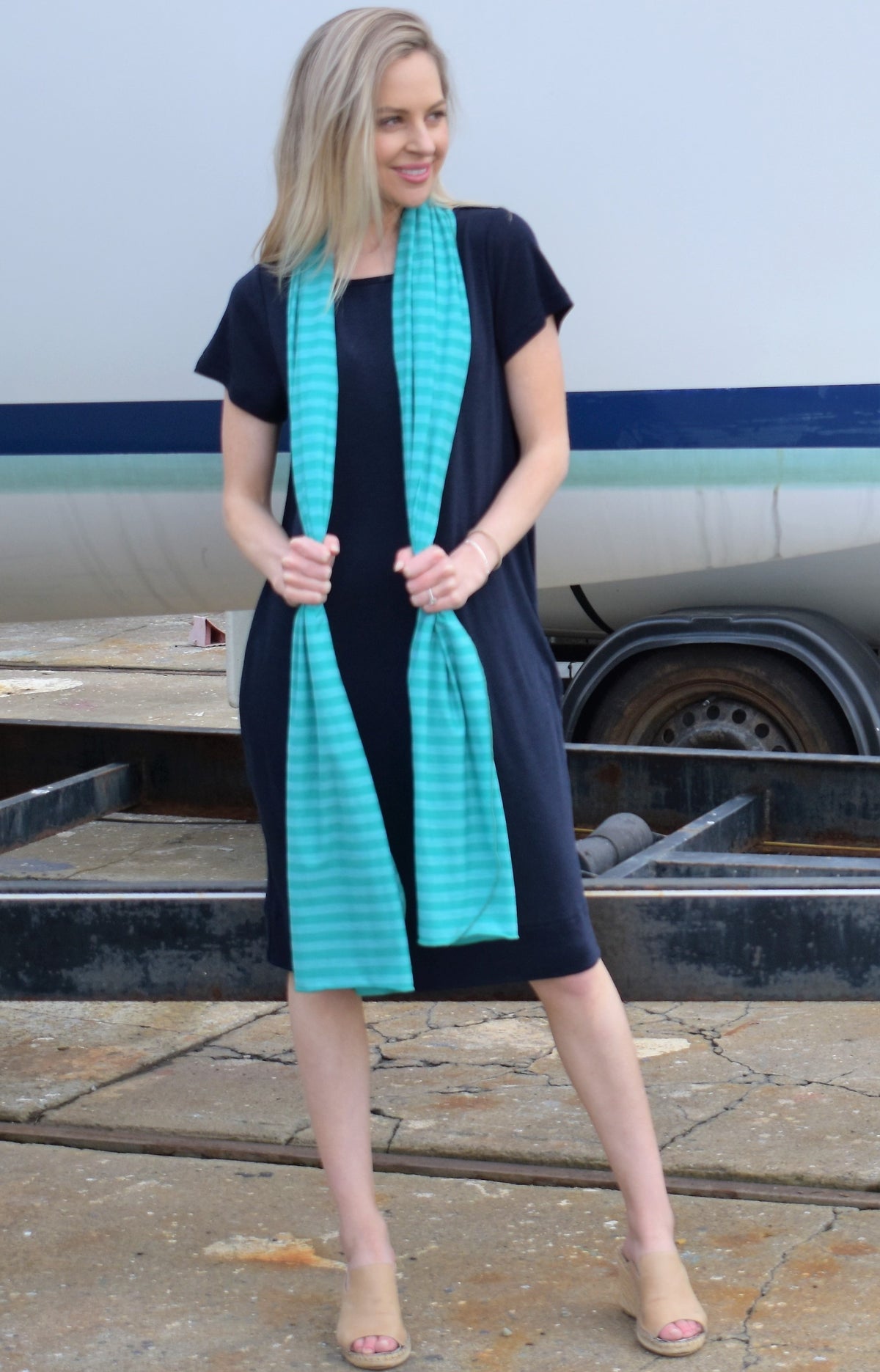 Navy Blue Women's Merino Wool Shift Dress with Short Sleeves