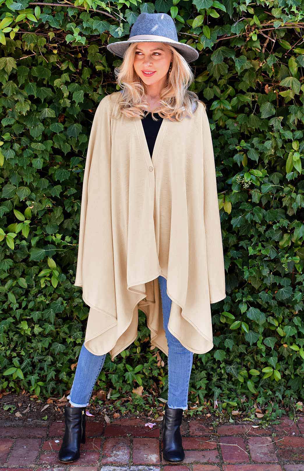 Camel Superfine Merino Wool Comfort Wrap with Buttons