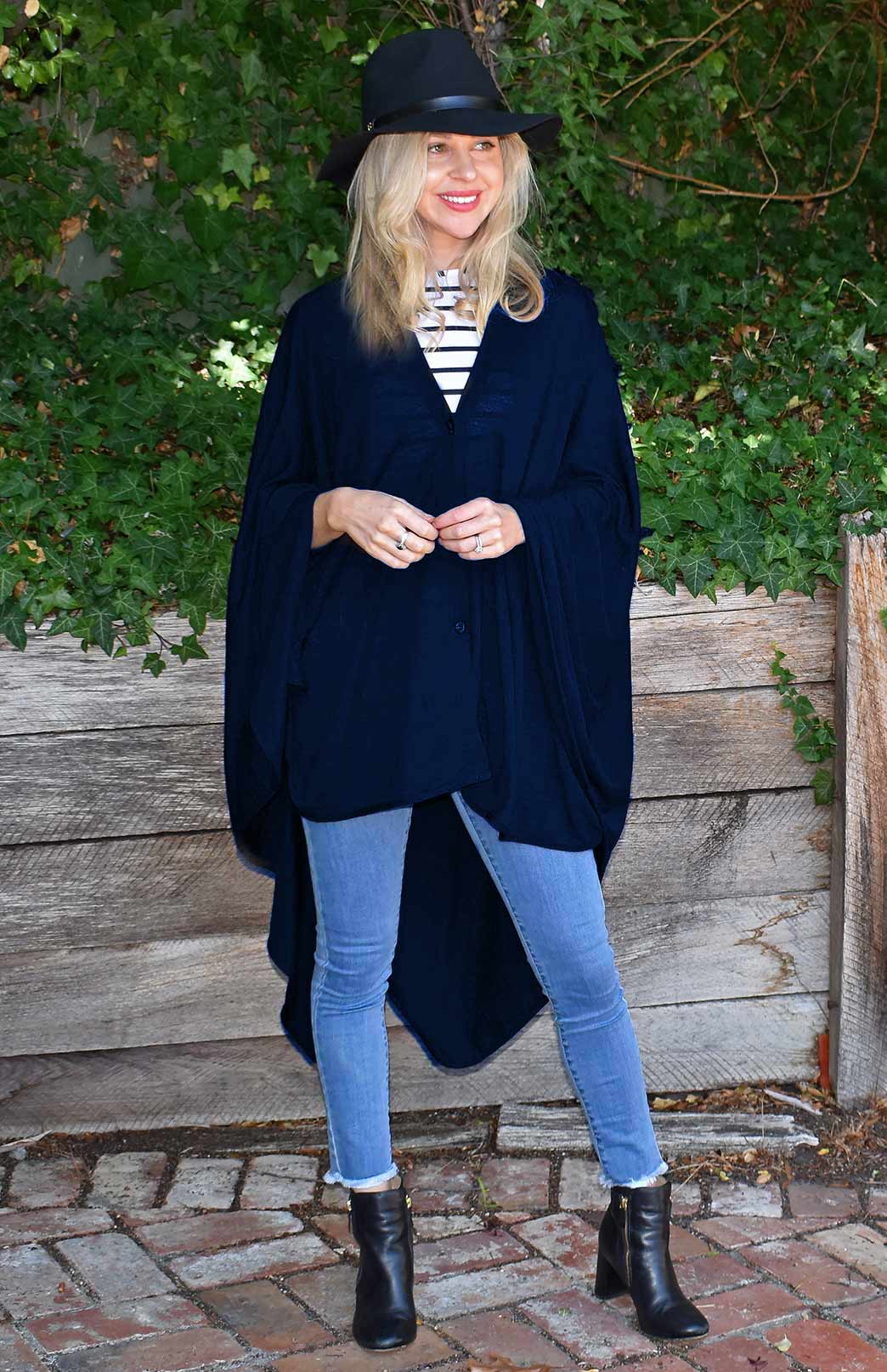 French Navy Blue Superfine Merino Wool Comfort Wrap with Buttons