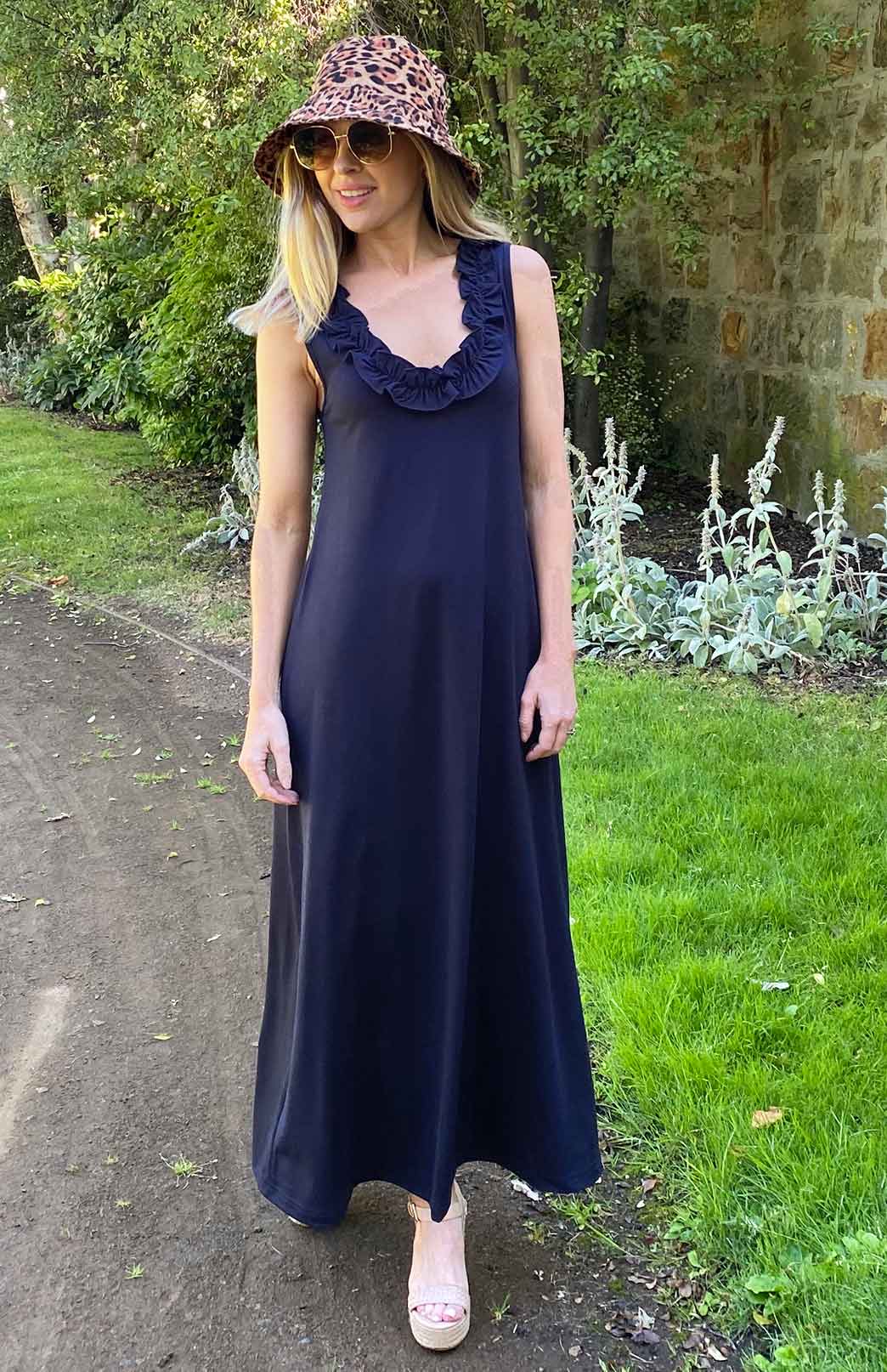 Navy Blue  Women&#39;s Sleeveless Merino Wool Maxi Dress with Ruffled Neckline
