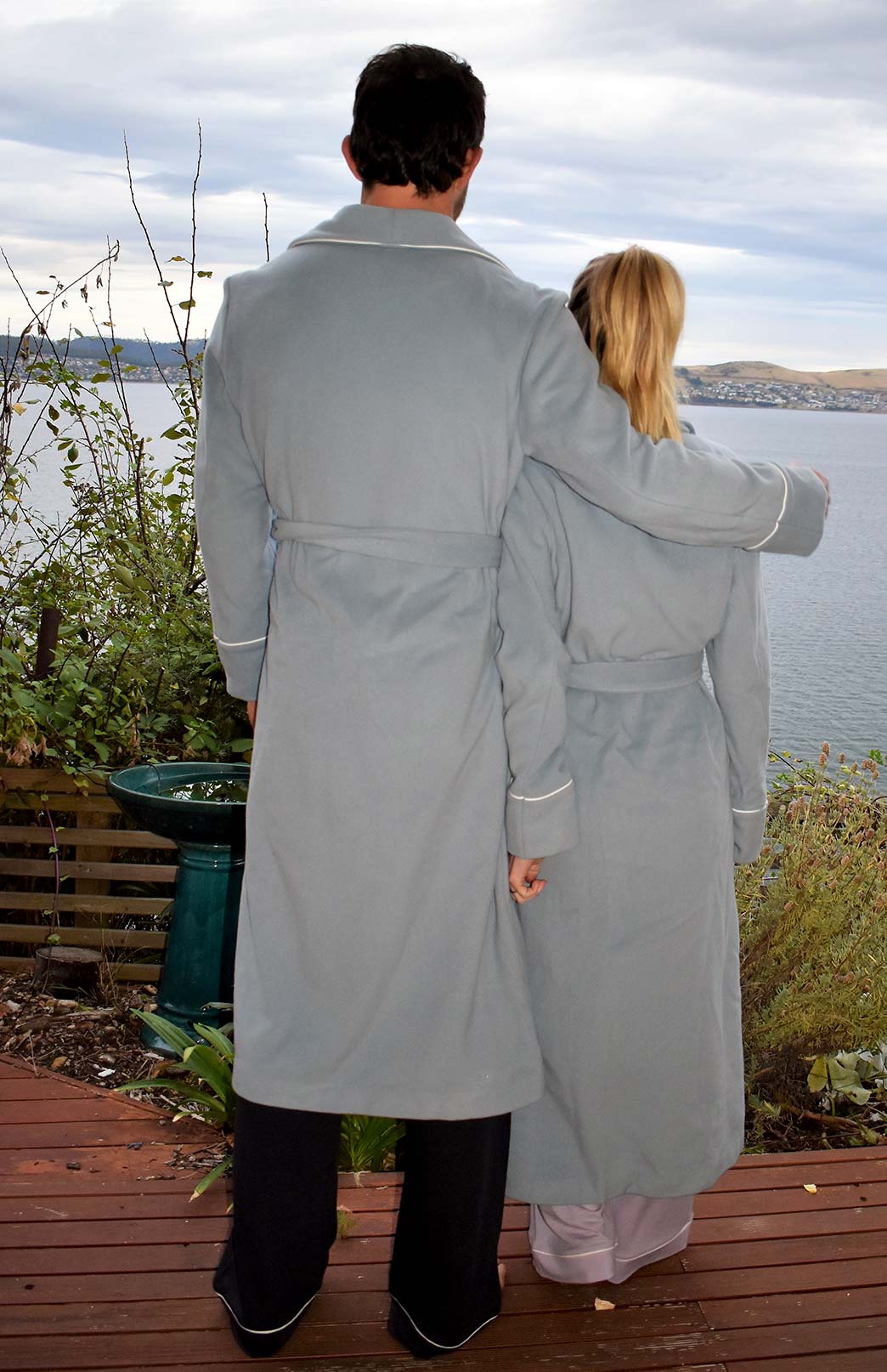 Pale Blue with White Piping Wool &amp; Cashmere Blend Dressing Gown