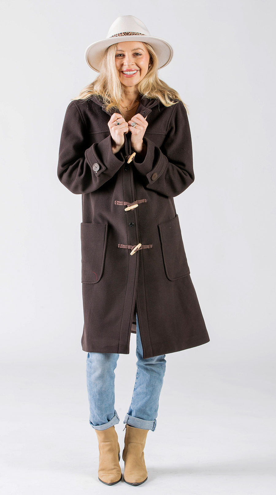 Our model wearing brown coat