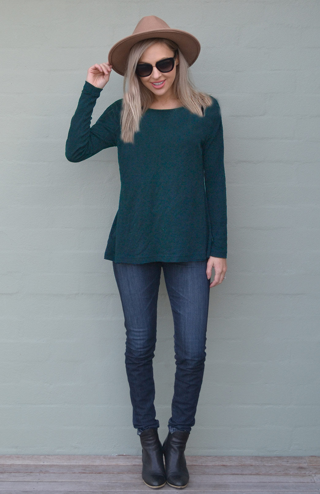 Deep Sea Green Women&#39;s Merino Wool Long Sleeve Fashion Top
