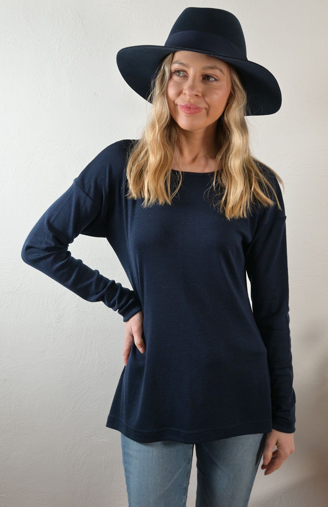 French Navy Blue Women's Merino Wool Long Sleeve Fashion Top