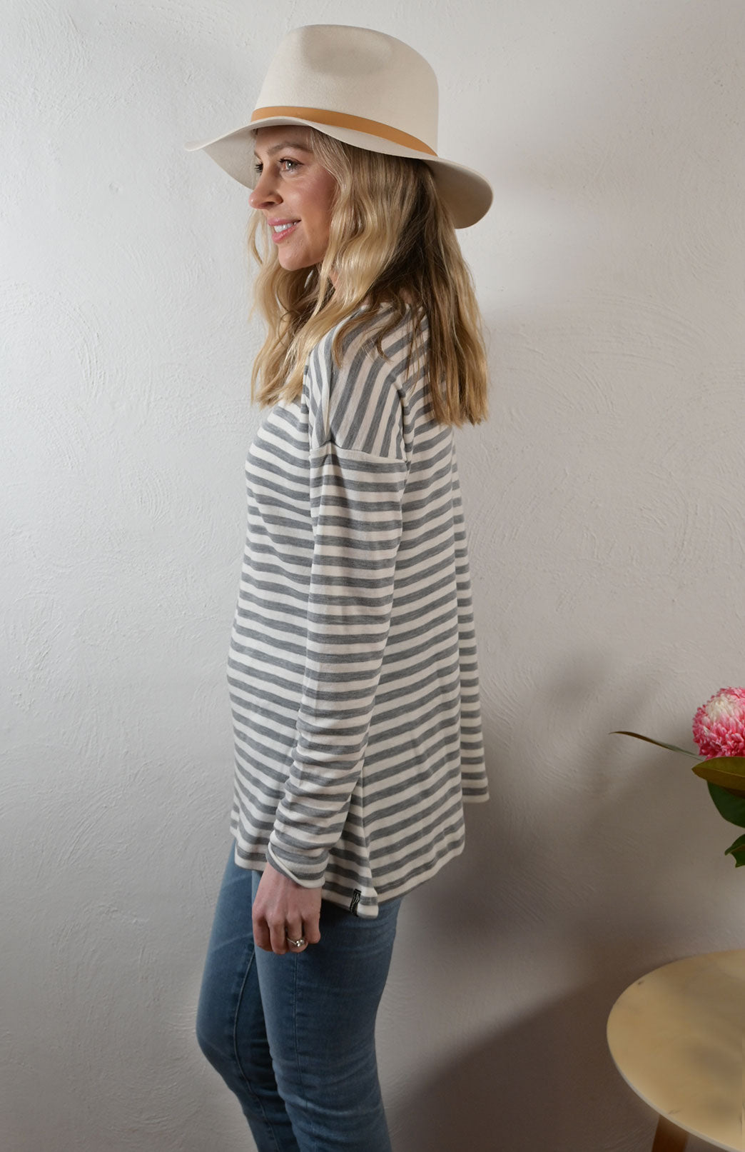Grey Marl and Ivory Stripe Women's Merino Wool Long Sleeve Fashion Top