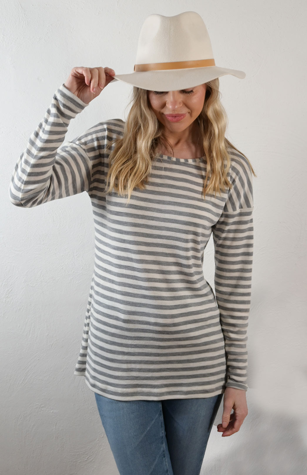 Grey Marl and Ivory Stripe Women&#39;s Merino Wool Long Sleeve Fashion Top
