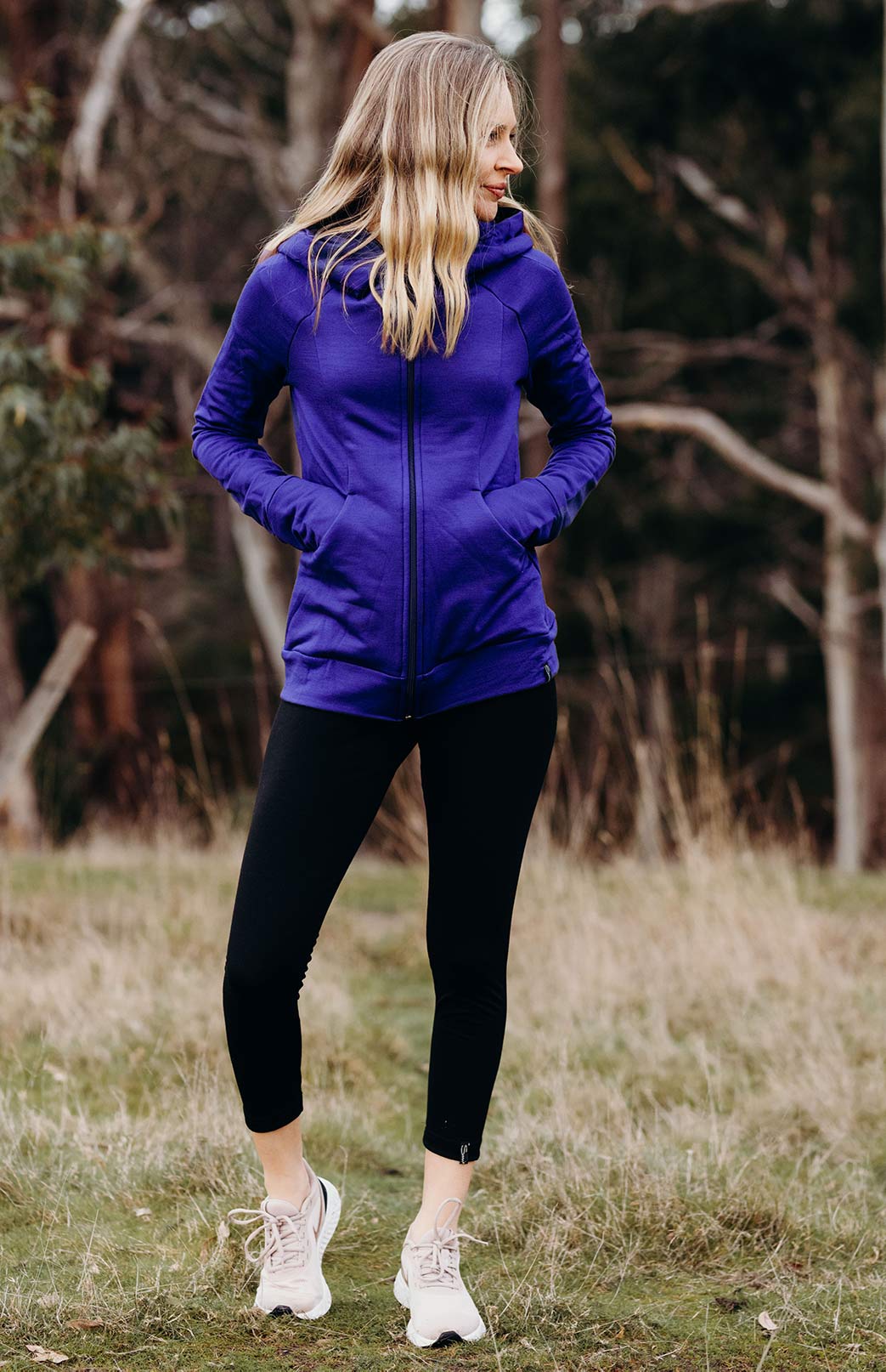 Cobalt Blue Women's Merino Wool Fleece Zip Jacket with Hood and pockets